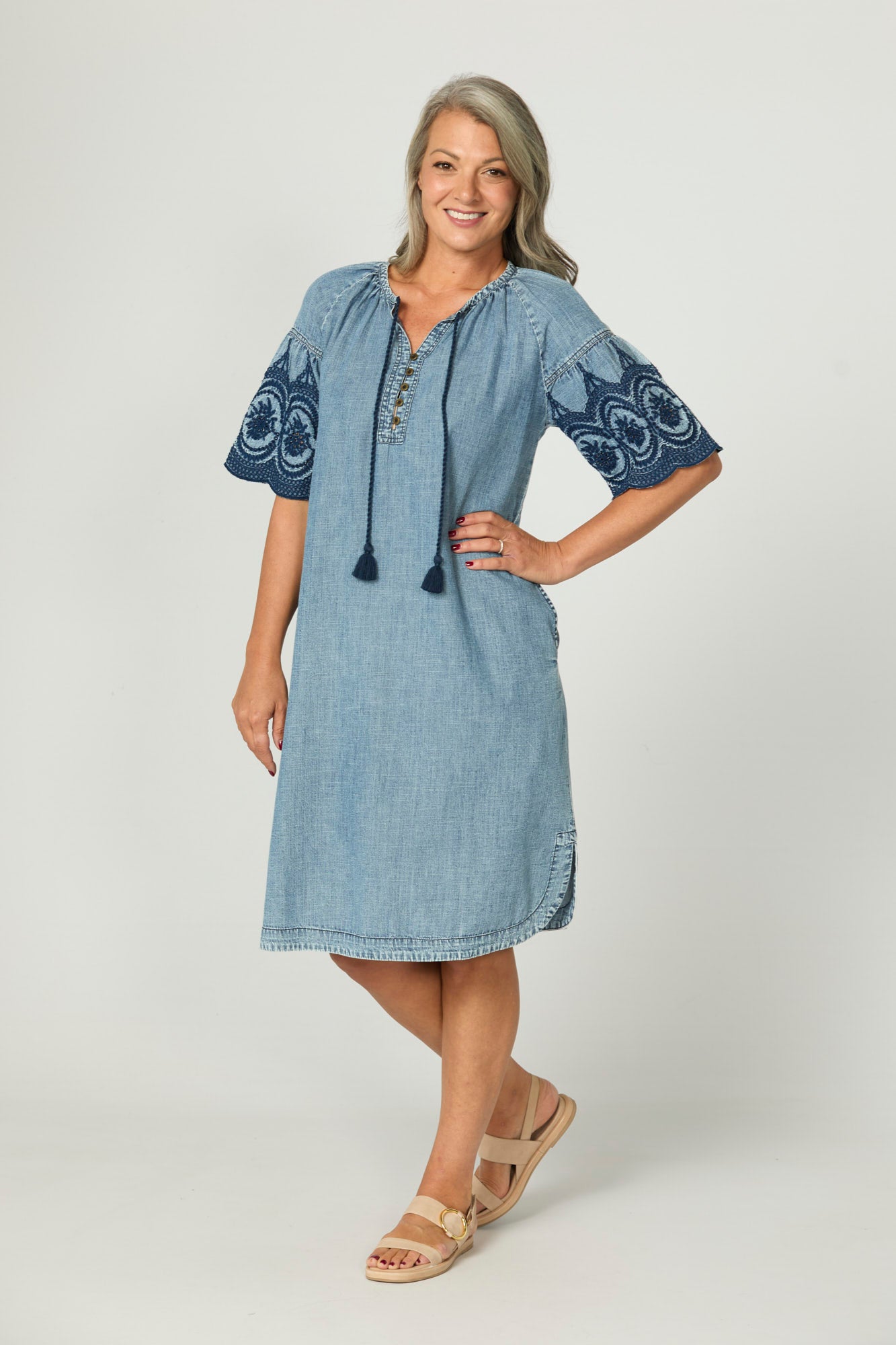 Shop Layla Embroidered Sleeve Dress in Indigo Fella Hamilton Shop Layla Embroidered Sleeve Dress in Indigo Fella Hamilton