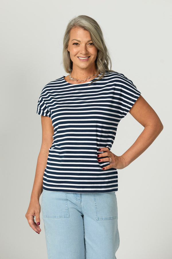 Suzette Stripe Cap Slv Button Tee