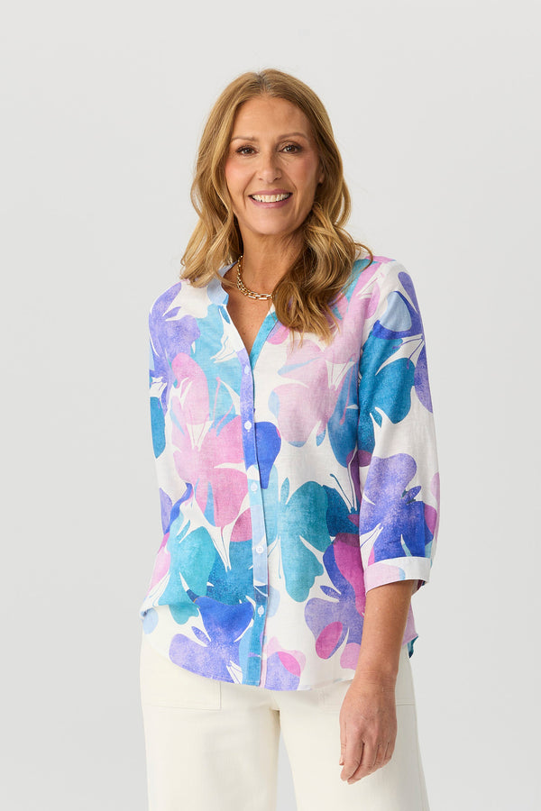 Butterfly Open Neck 3/4 Sleeve Shirt