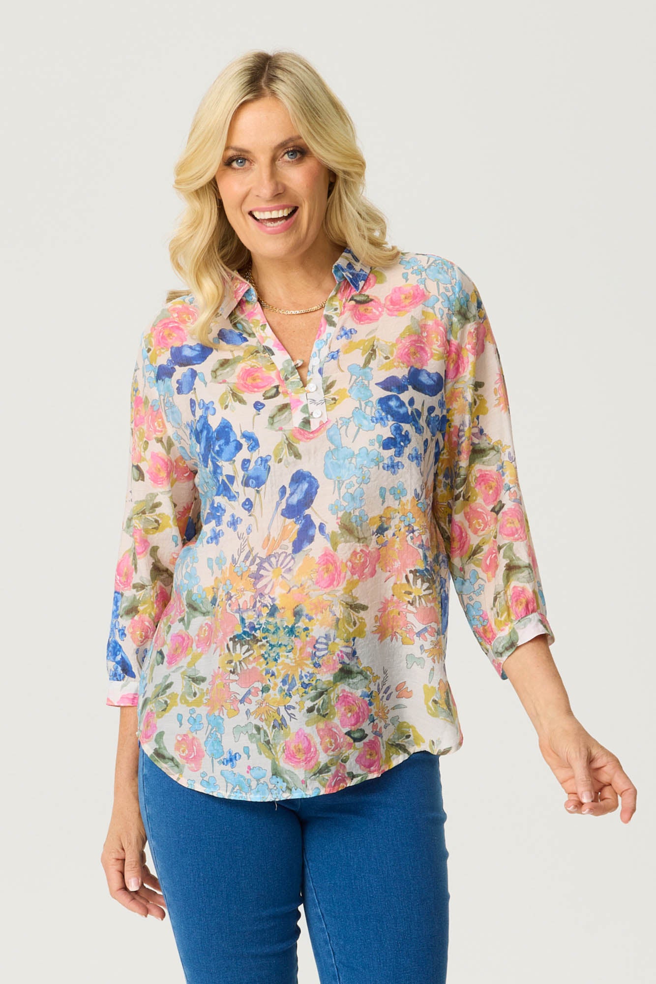 FLORAL HAZE PRINT 3/4 SLV BLOUSE