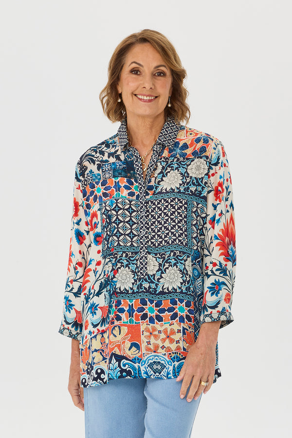 Mosaic 3/4 Sleeve Collared Blouse
