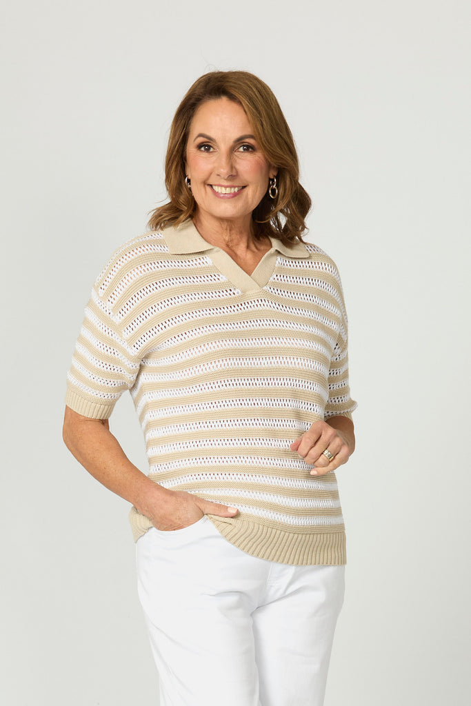 Port Fairy Stripe Elbow Slv Polo