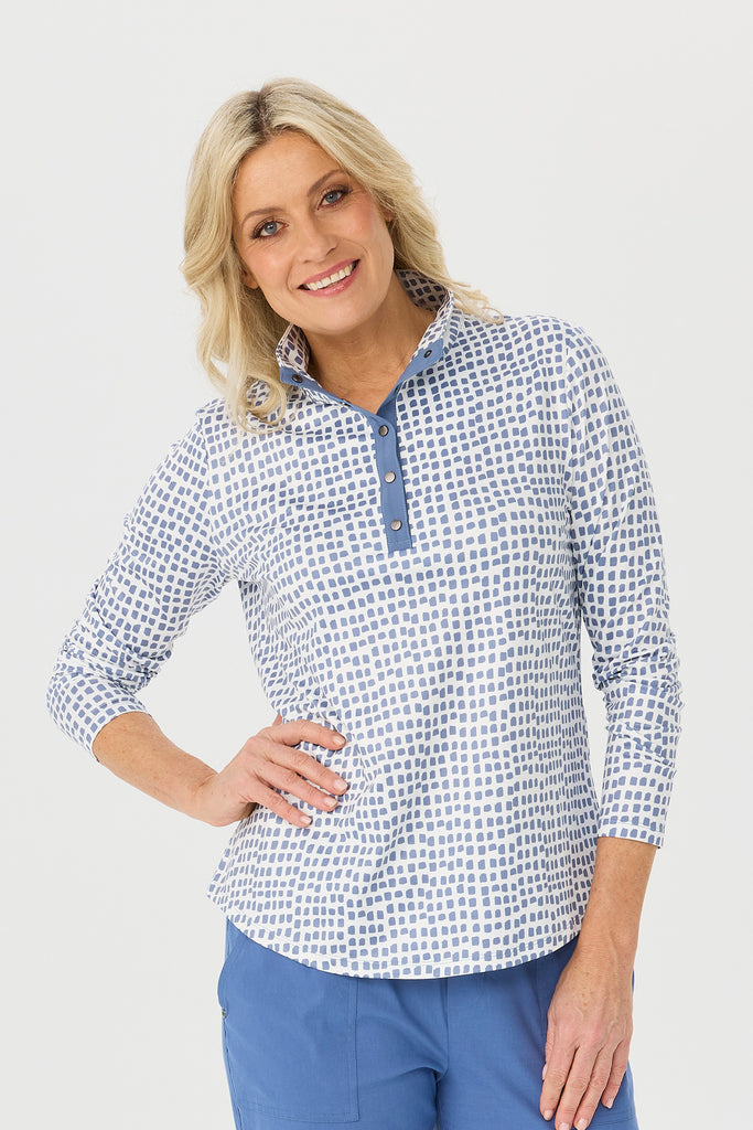 Escape Long Sleeve Stud Neck Polo Top