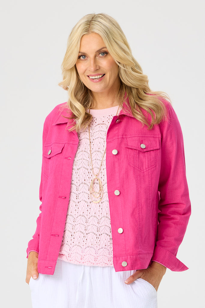 Shop Collared Suzy Denim Jacket in Hot Pink Fella Hamilton