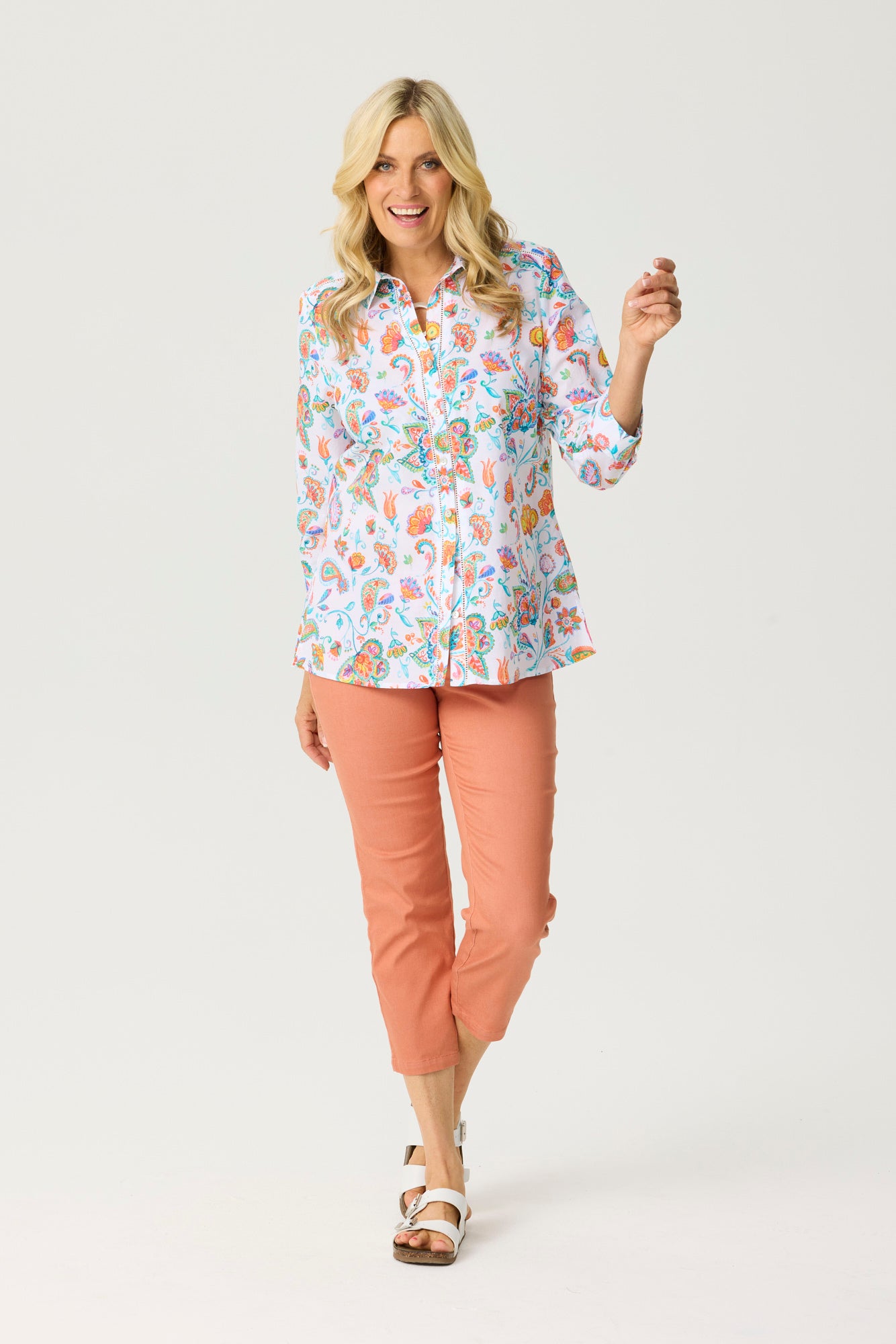 JAIPUR 3/4 SLEEVE PRINT TRIM SHIRT