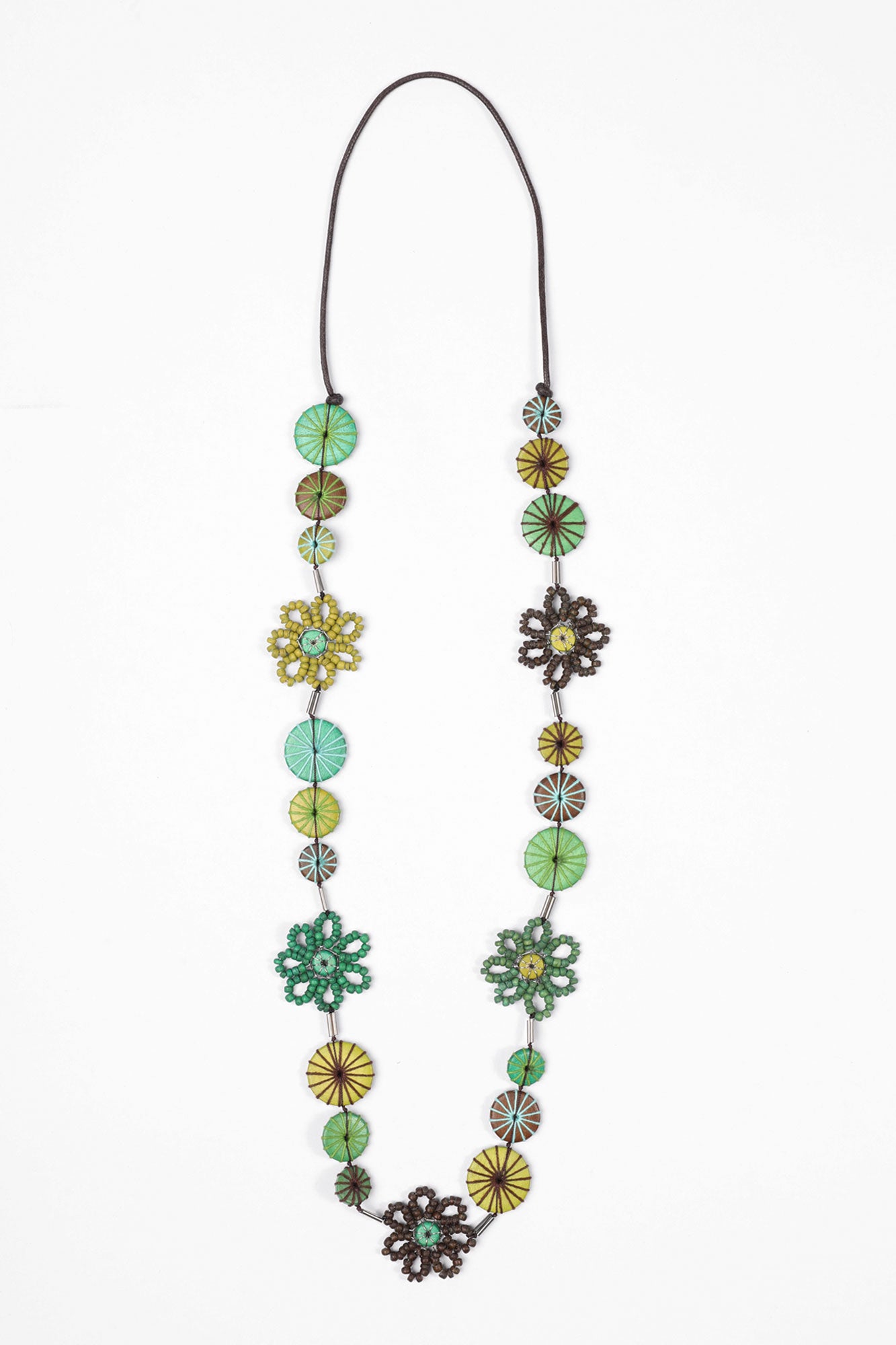 FLOWER AND STITCHED DISC NECKLACE
