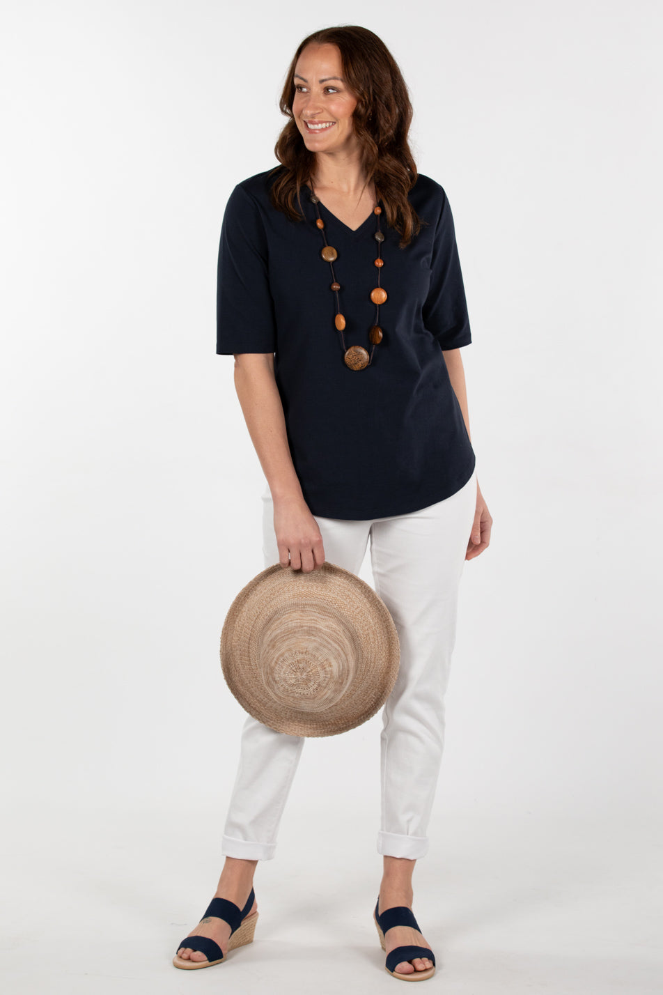 Shop VNeck Elbow Sleeve Tee in Navy Fella Hamilton