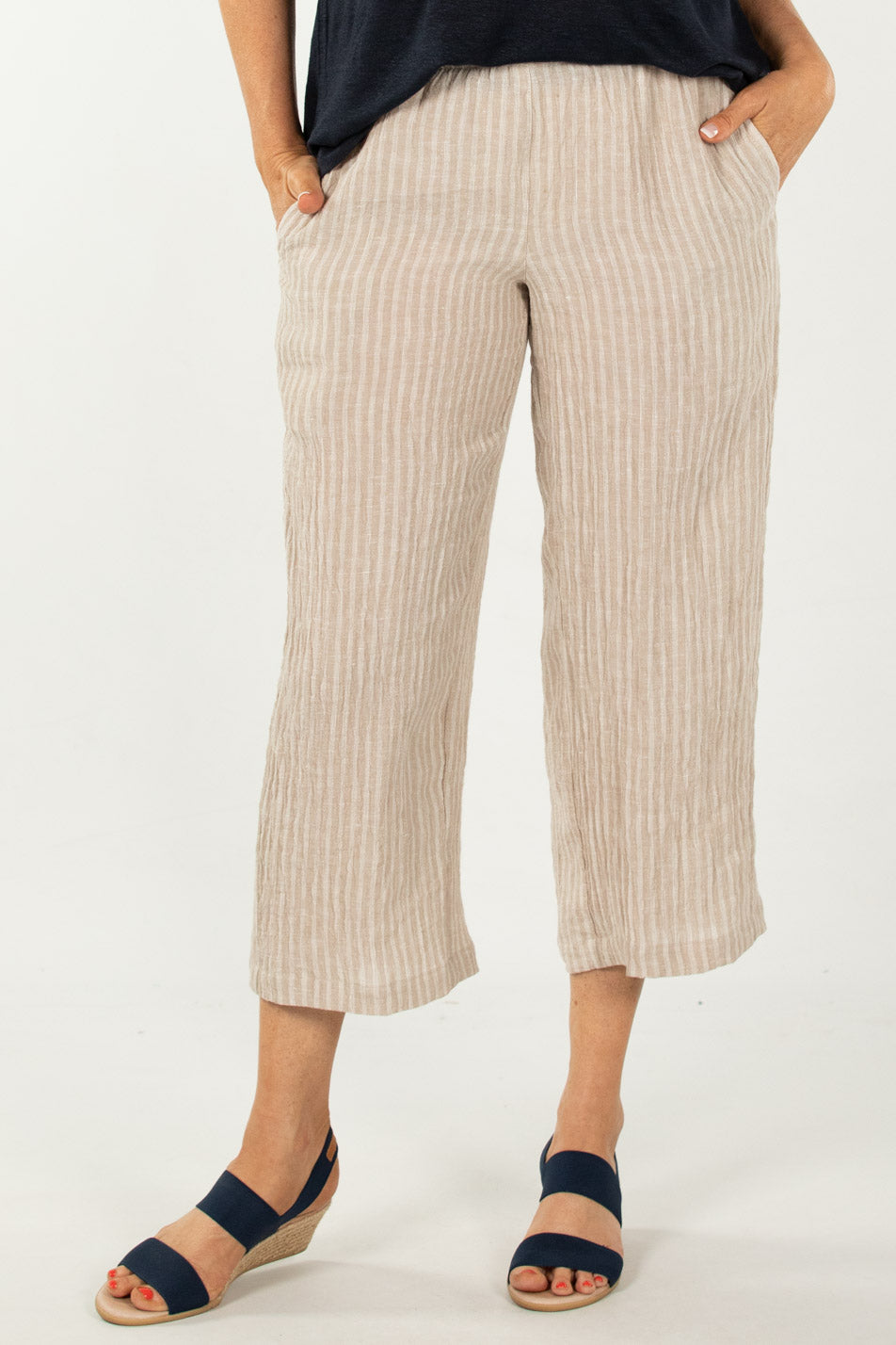 Shop Corsica Crop Stripe Linen Pant in Sand/White – Fella Hamilton