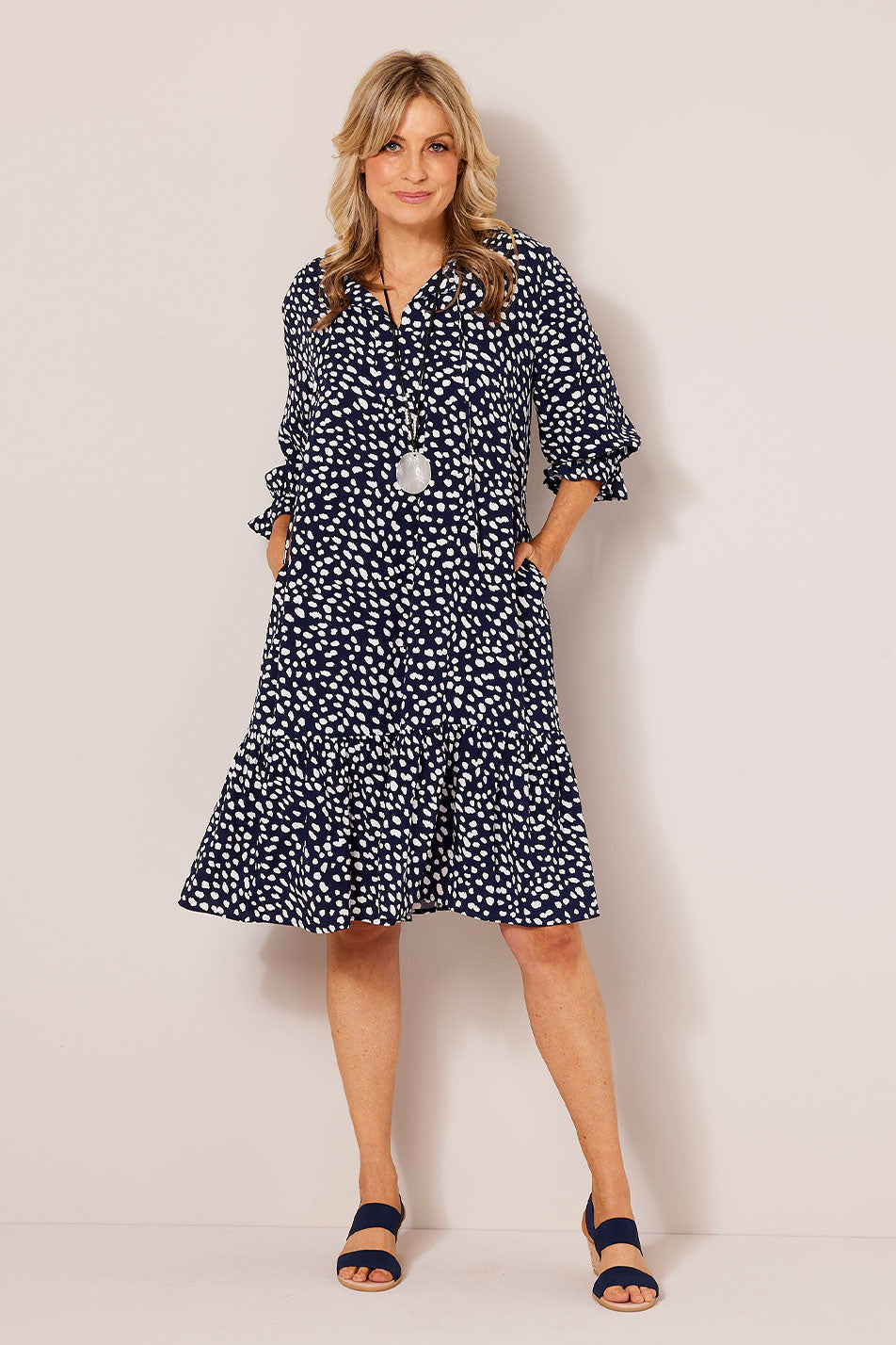 Shop Nouveau Frill Hem Dress in Navy/White – Fella Hamilton